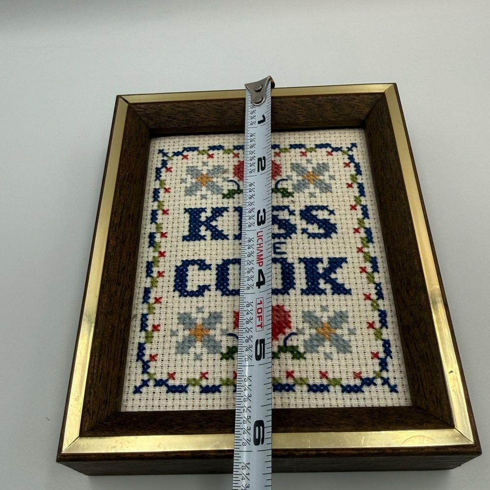 Vtg Kiss the Cook Needlepoint Embroidery Small Framed Completed Wall Art 6x5” - Picture 8 of 10